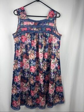 Vanity Fair Navy Floral Chemise Nightie Pink Cream Peonies Size M Lace Trim USA